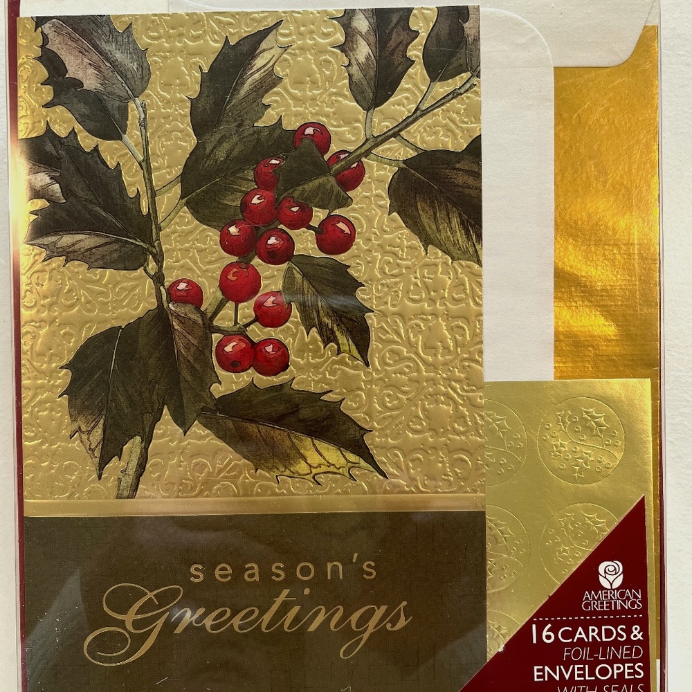 Holly Branch with Berries Christmas Cards 16 Cards Envelopes & Gold Seals NIB